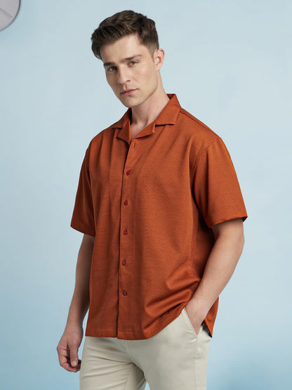 Dennis Lingo Men Polyester Relaxed Fit Textured Shirts Rust