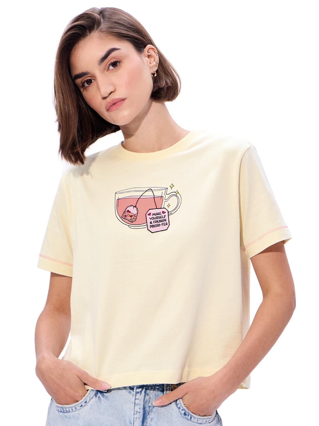 The Souled Store Priori - Tea Cotton Women & Girls Short Sleeve Round Neck Graphic Printed Relaxed Fit T-Shirts Yellow