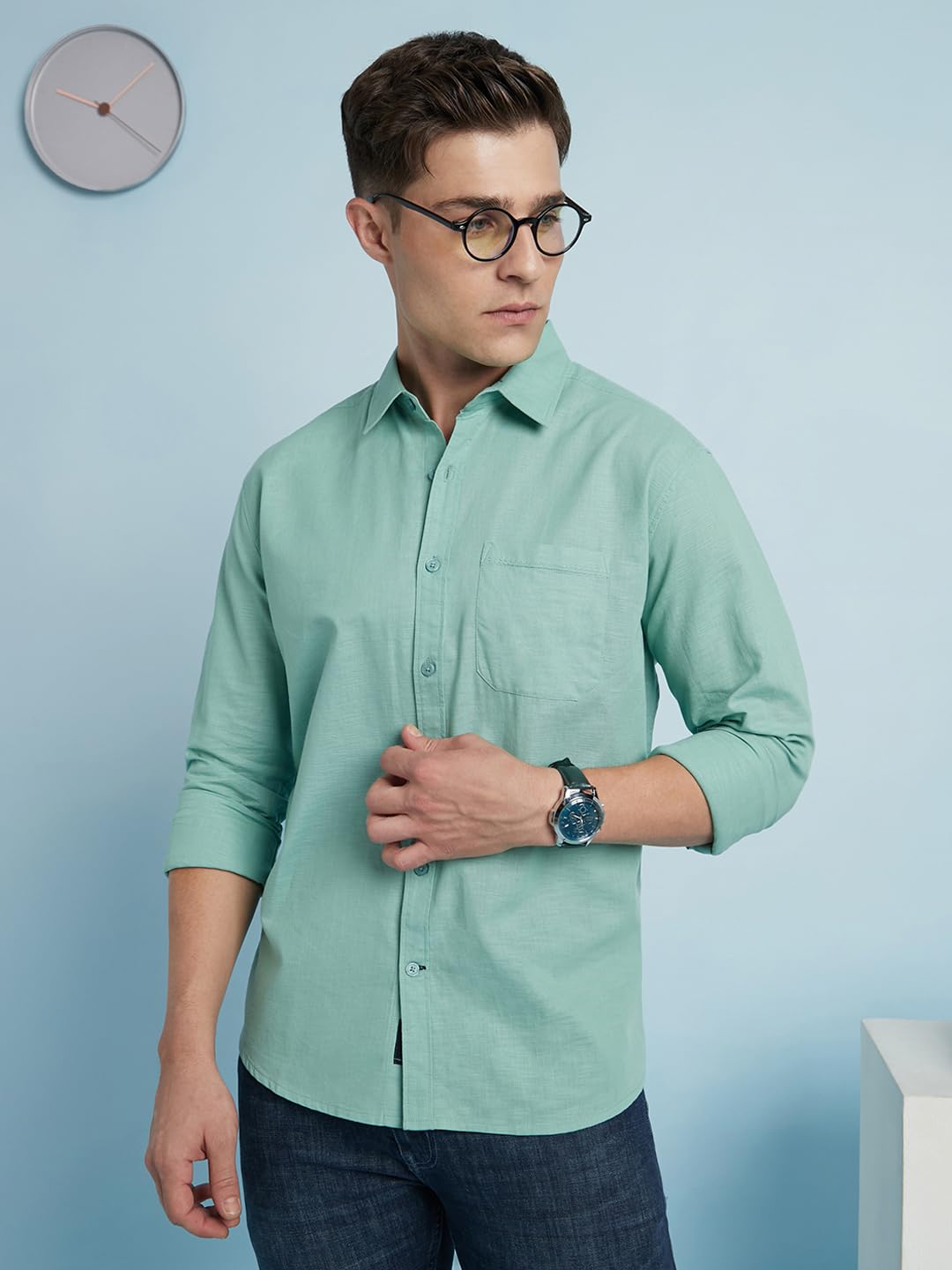 Dennis Lingo Men Cotton Regular Fit Textured Shirts Sage Green