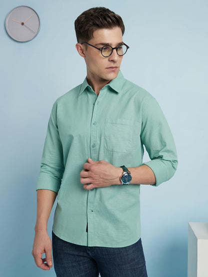 Dennis Lingo Men Cotton Regular Fit Textured Shirts Sage Green