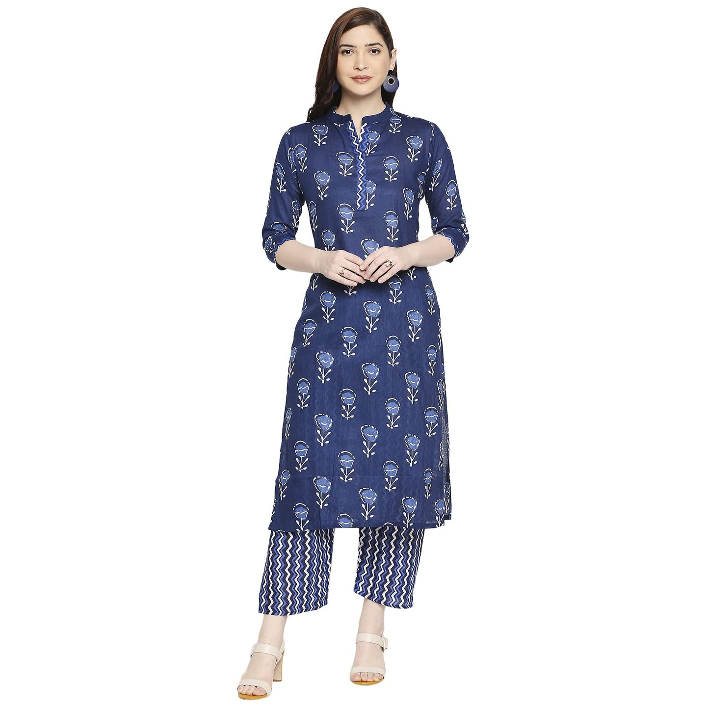 ANNI DESIGNER Women's Cotton Straight Kurta with Pant (Blue Flower_GSK)