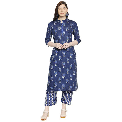 ANNI DESIGNER Women's Cotton Straight Kurta with Pant (Blue Flower_GSK)