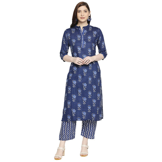 ANNI DESIGNER Women's Cotton Straight Kurta with Pant (Blue Flower_GSK)