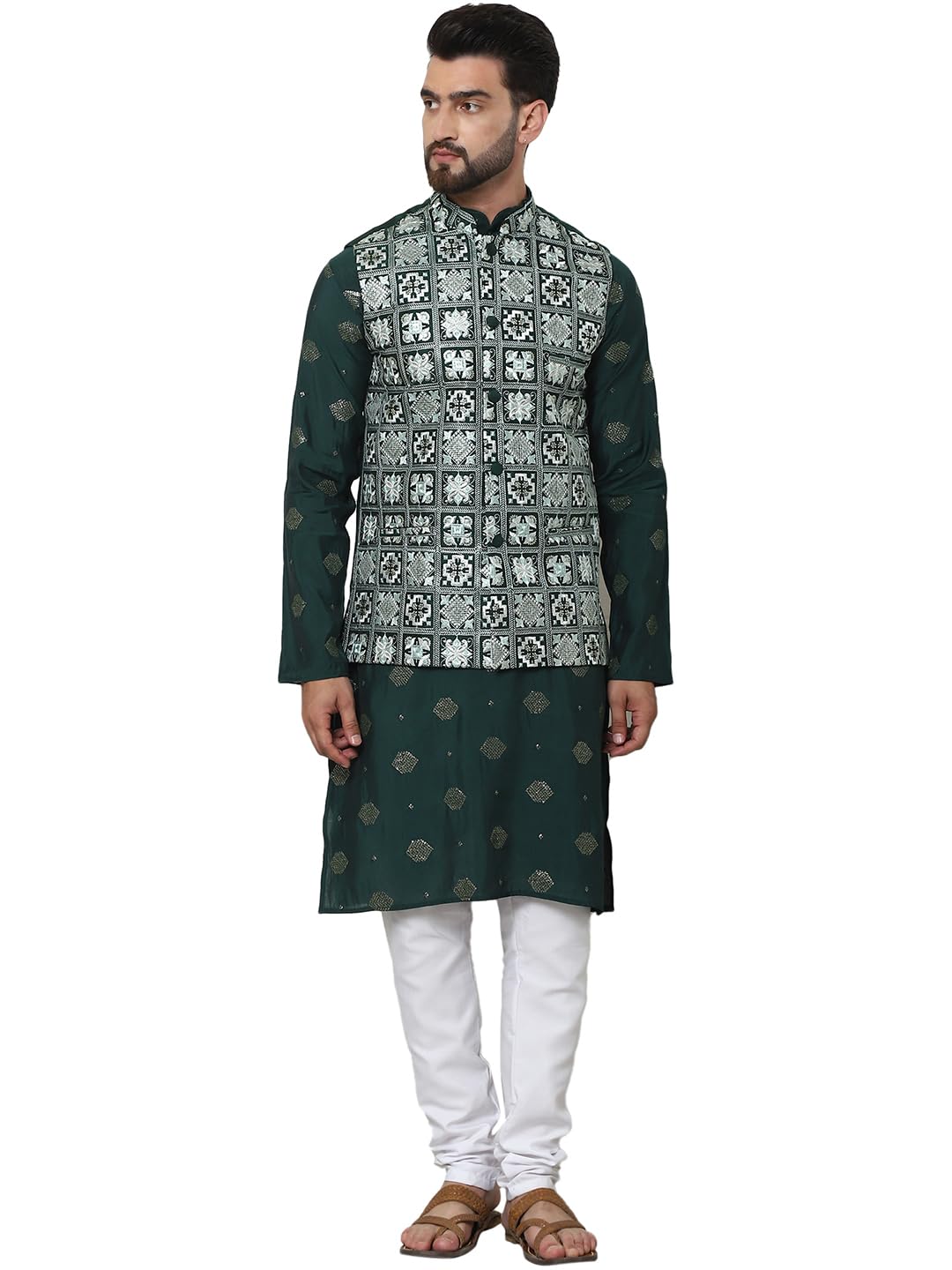 SOJANYA (Since 1958 Men's Cotton Silk Embroidered Green Kurta and White Pyjama With Green Nehru Jacket