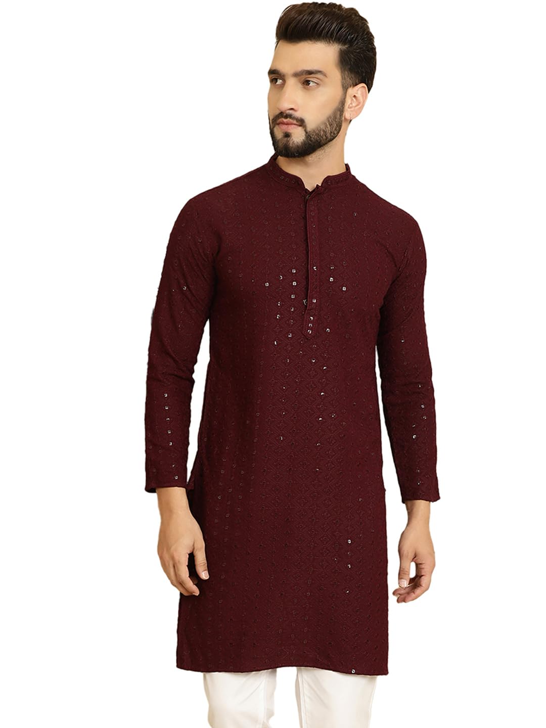 SOJANYA (Since 1958 Men's Pure Cotton Purple Embroidered Sequined ONLY Long Kurta::Size-40