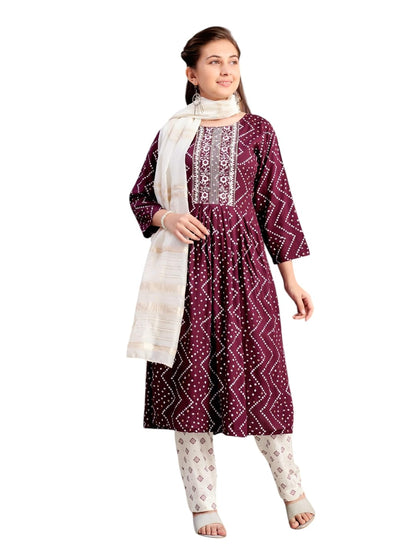 Aarika Girls Ethnic Wear Wine Colour Bandhani Print Embroidey Rayon Kurti-8-15 Years (Kurti-Tr-242)