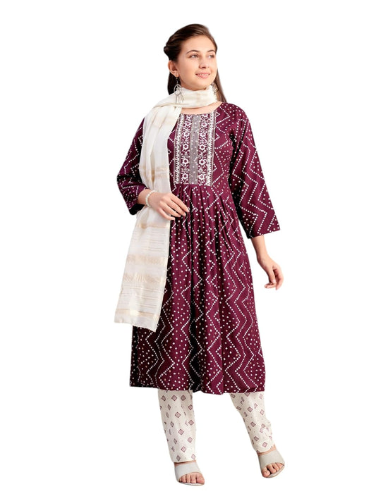 Aarika Girls Ethnic Wear Wine Colour Bandhani Print Embroidey Rayon Kurti-8-15 Years (Kurti-Tr-242)