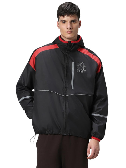 Bewakoof Air 1.0 Official Marvel Merchandise Mens Graphic Printed Super Loose Fit Full Sleeve Hooded Neck Nylon Windcheater Jac