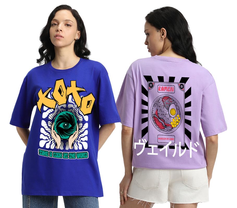 Veirdo Womens 100% Cotton Oversized Baggy Fit Drop Shoulder Graphic Typographic Printed T-Shirt Combo