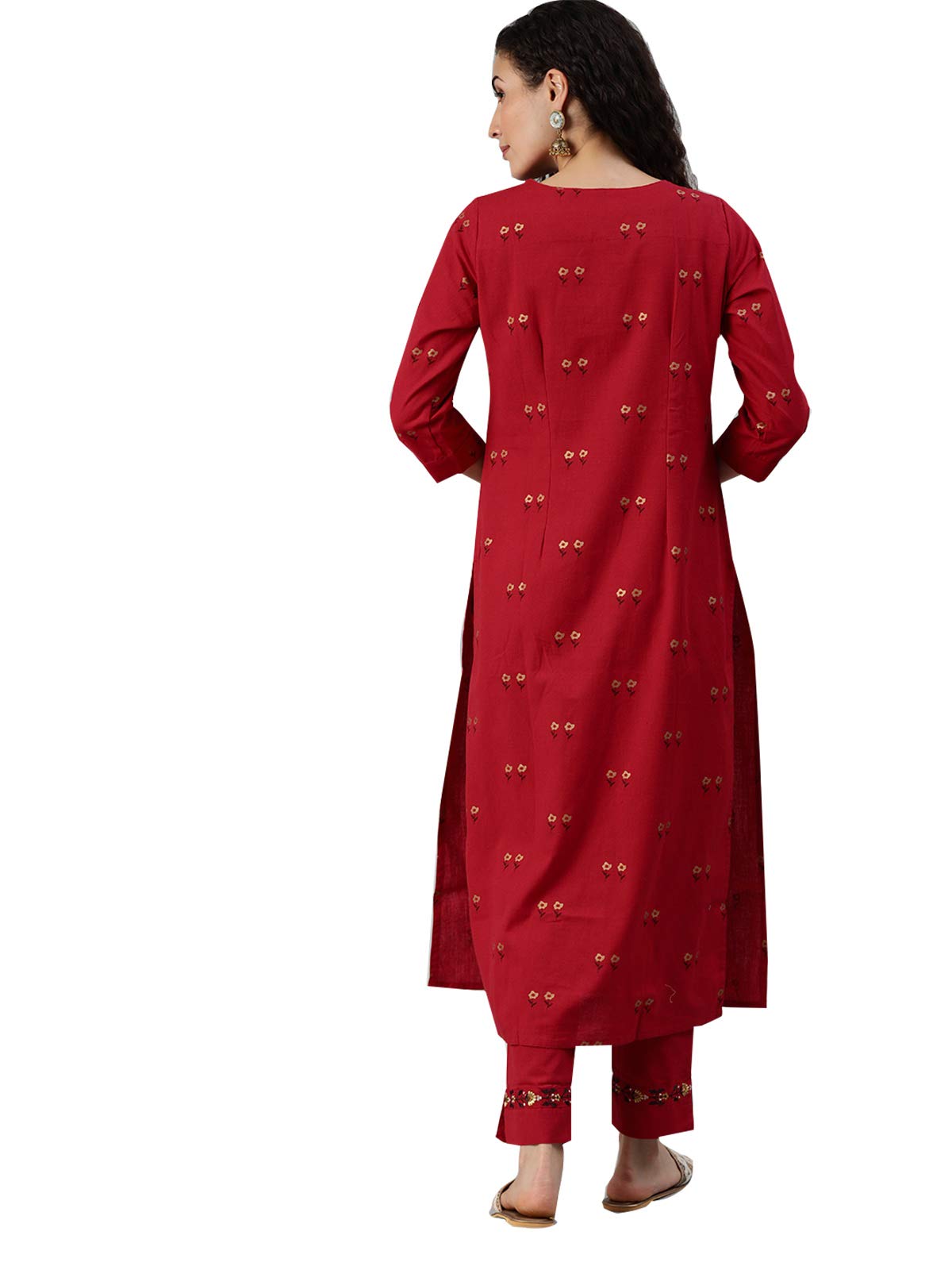 ishin Women's Pure Cotton Red Yoke Design A-Line Kurta With Trouser Set