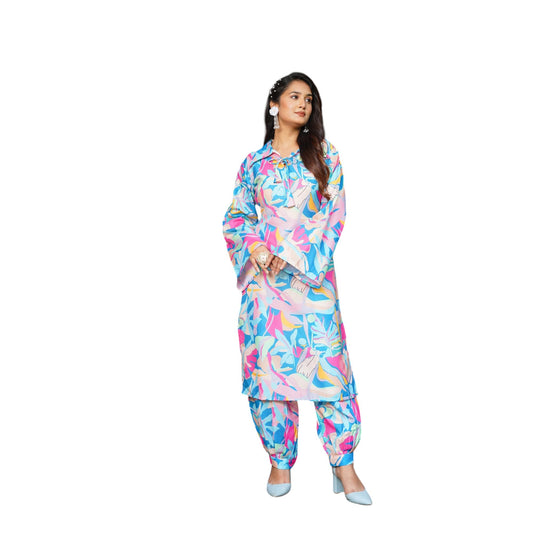 Gufrina Elegant Women's Floral Printed Kurta Pant Set | V-Neck, 3/4 Sleeve Cotton Ensemble