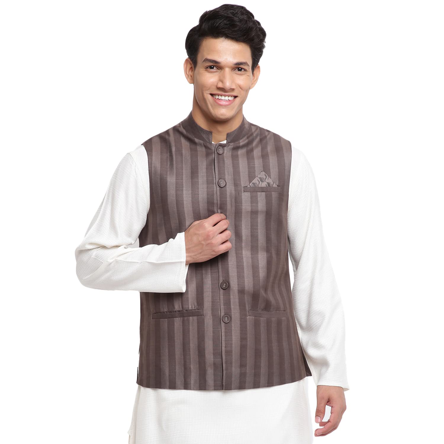 Fabindia Men Viscose Blend Striped Nehru Jacket Grey_Xs