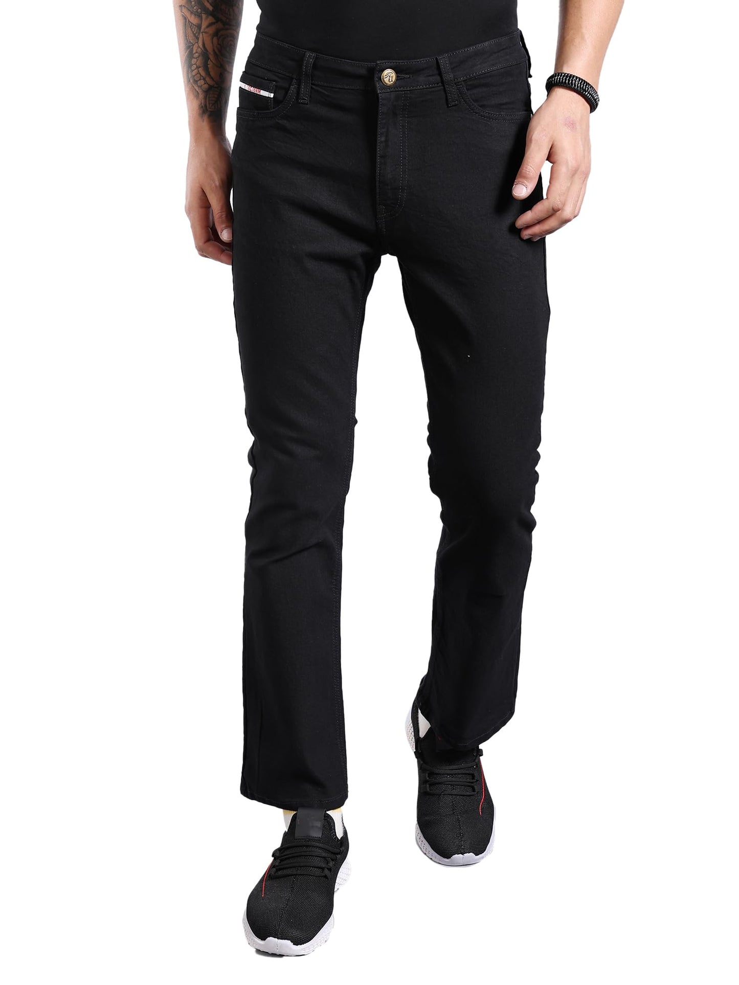 The Indian Garage Co Men Bootcut Laser Placement Print Mid-Rise Stretchable Jeans Black