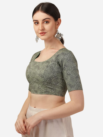 Oomph! WomenS Indian Ethnic Wear Designer Bandhani Pattern Boat Neck Half Sleeve Cotton Green Blouse For Saree Or Lehnga And Bl