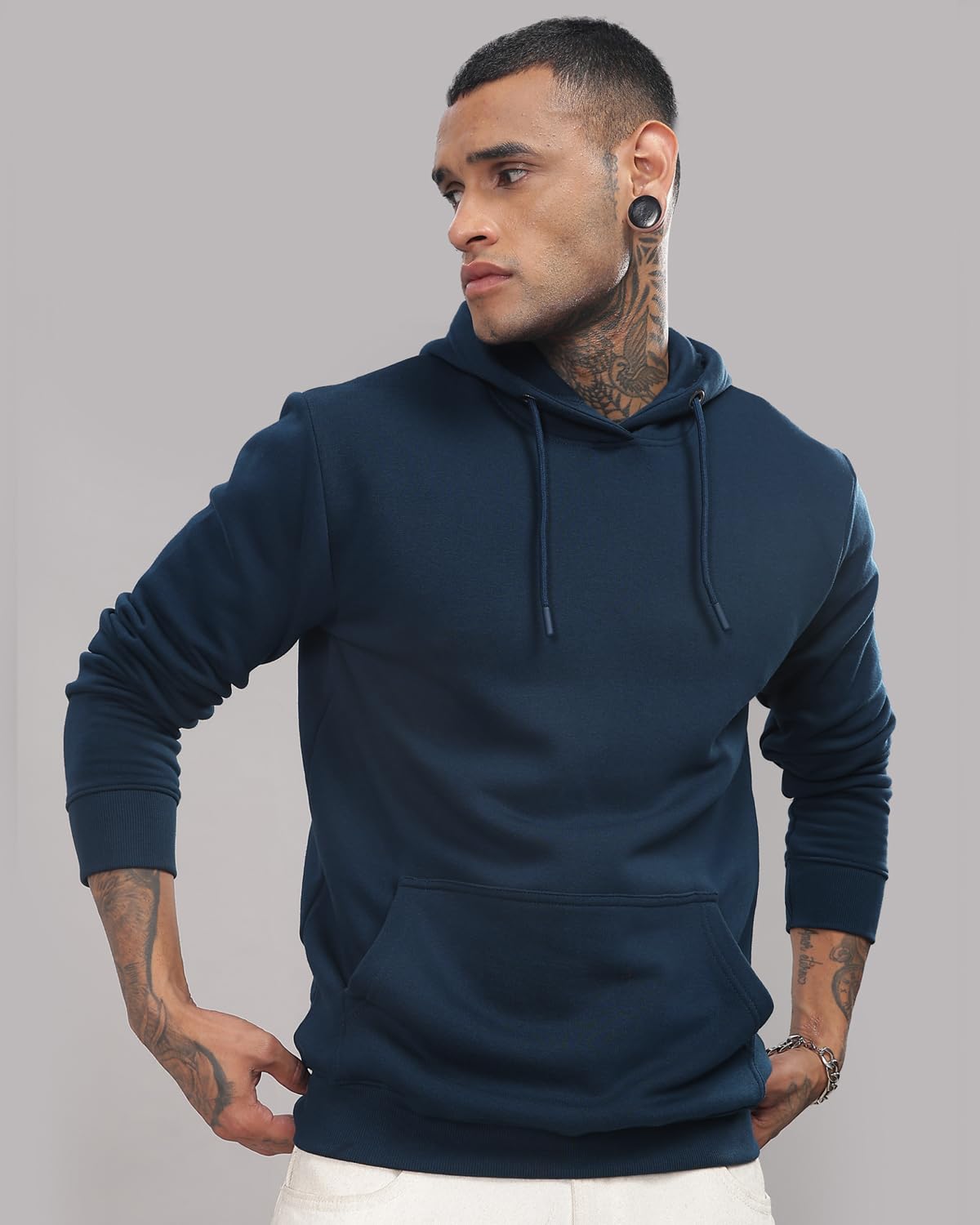 ADRO Men's Cotton Neck Hooded Sweatshirt (H24-M-PLN-SB_Teal