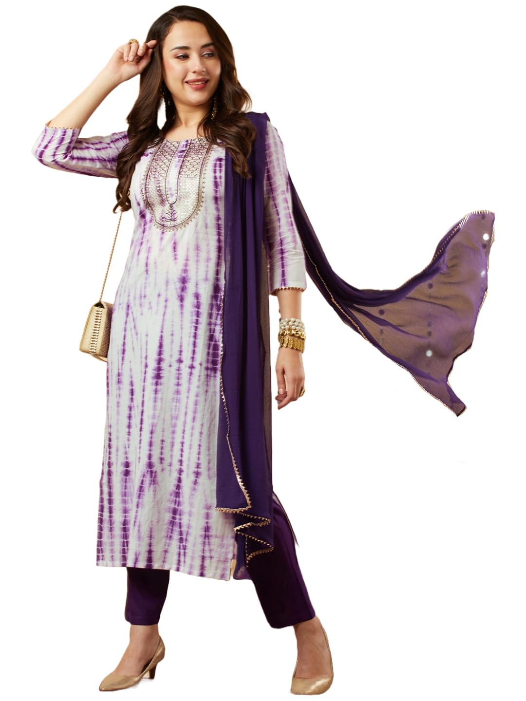 ANNI DESIGNER Womens Cotton Blend Straight Printed Kurta with Pant & Dupatta (Tiedye-BEGANI_5XL_Violet_XXXXX-Large)