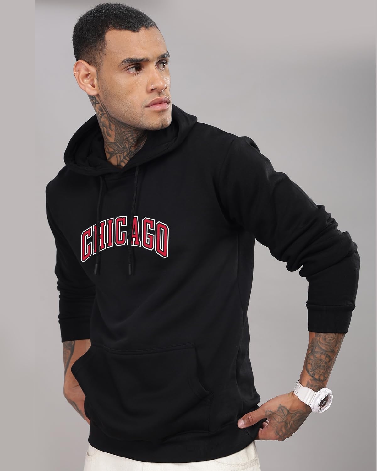 ADRO Men's Cotton Neck Hooded Sweatshirt (H24-CAGO-BL_Black