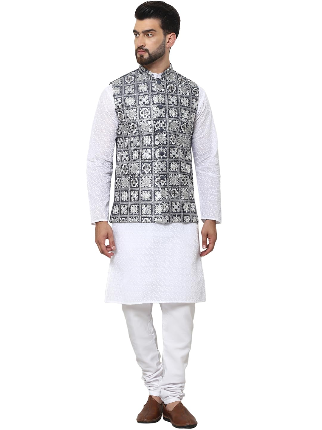 SOJANYA (Since 1958 Men's Cotton Chikankari White Kurta and Pyjama with Embroidered Grey Nehru Jacket