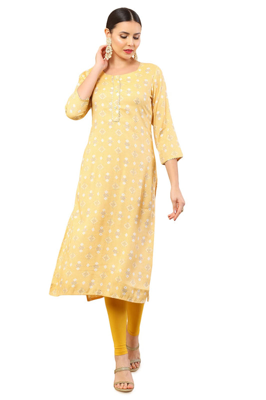 Soch Mustard Rayon Kurta with Printed Designs and Gota Patti