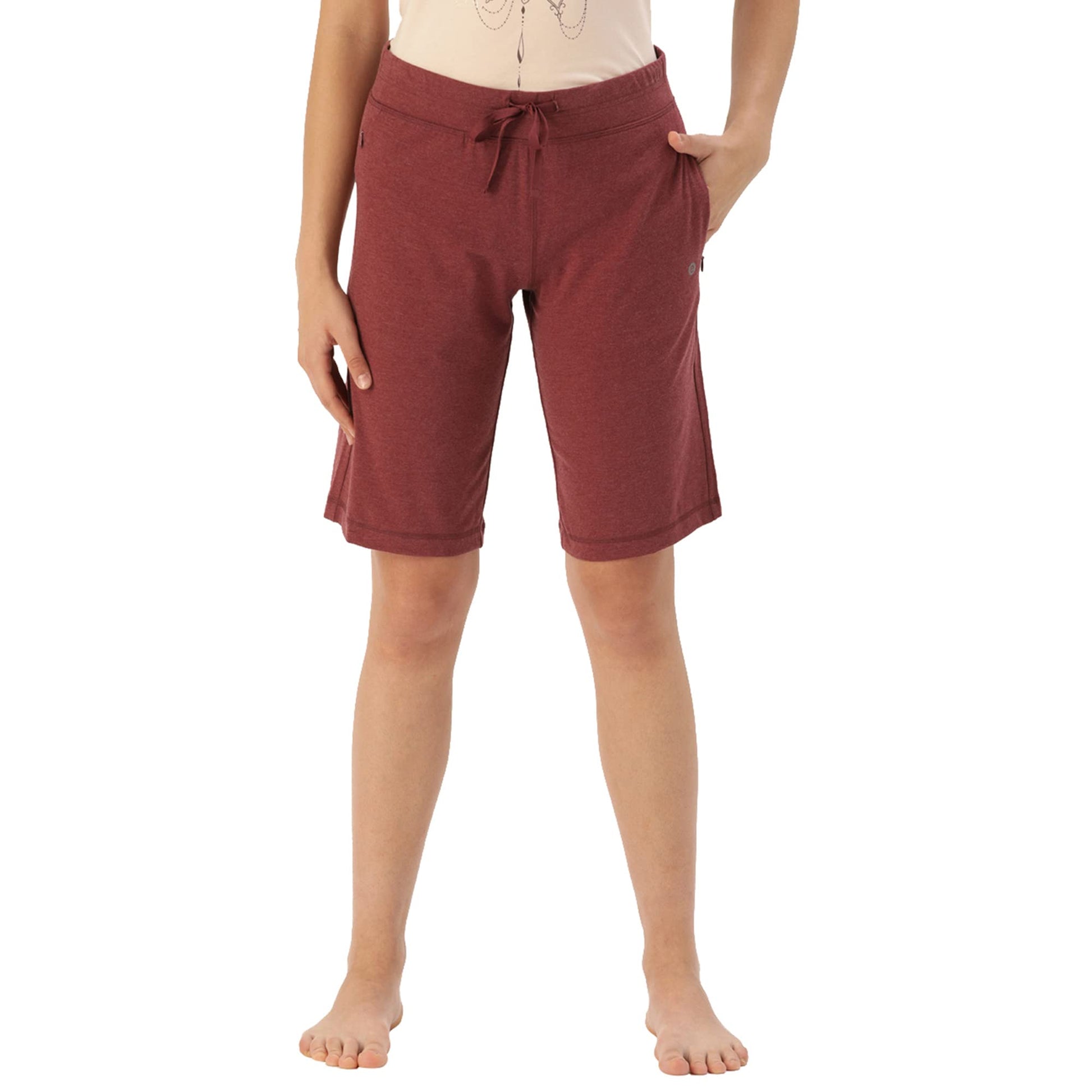 Enamor Essentials Womens Mid Rise Slim Fit Breathable Stretch Cotton Knee Length City Shorts with Invisible Zipper Pockets- E04