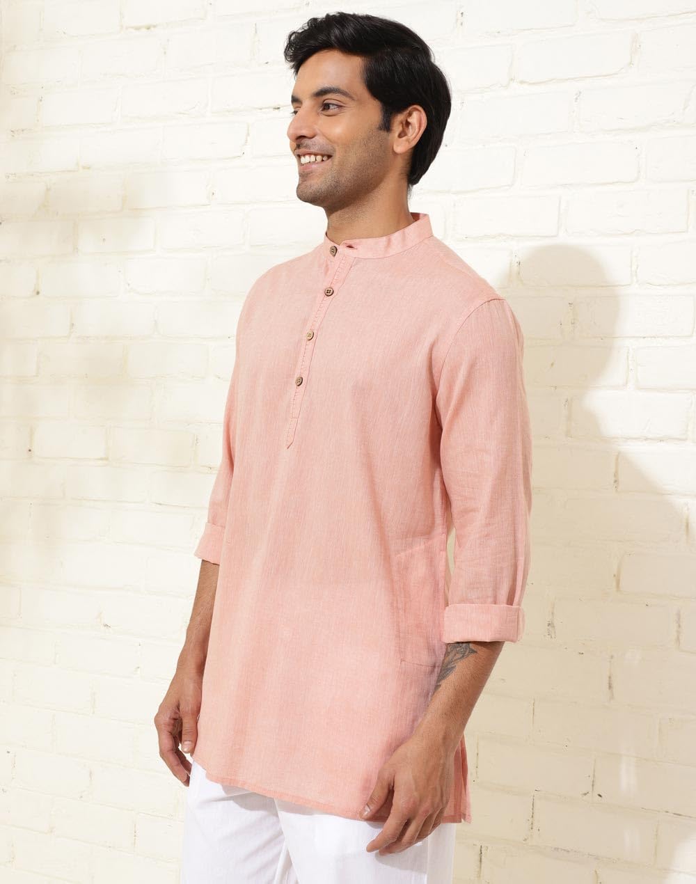 Fabindia MenS Cotton Solid Regular Kurta (1037084Peach_Orange