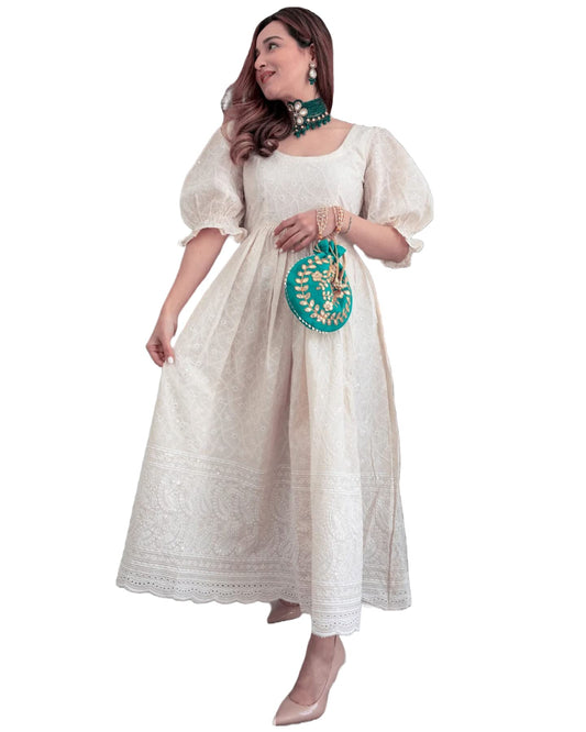 ANNI DESIGNER Women's Pure Cotton Chikankari Embroidered Anarkali Kurta (Shring)