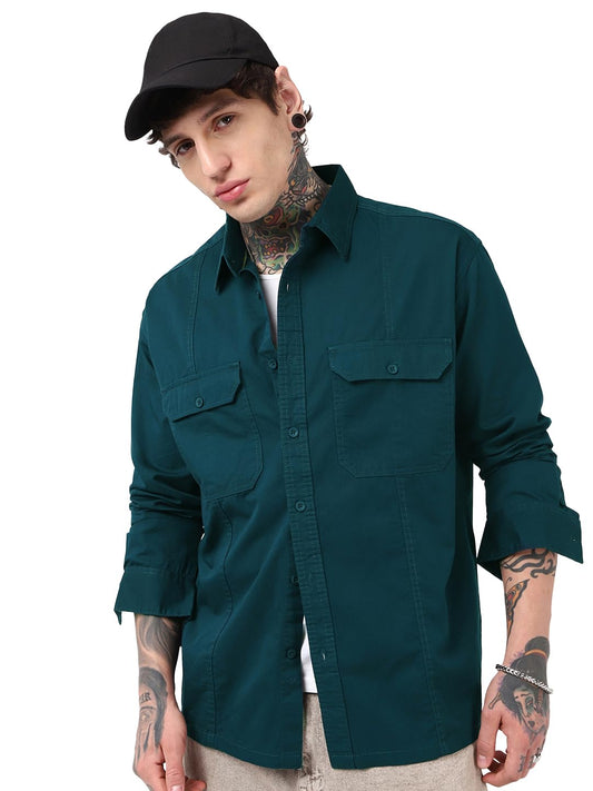 Bewakoof Mens Solid Oversized Fit Full Sleeve Collar Cotton Shirt_662093_Blue_XL