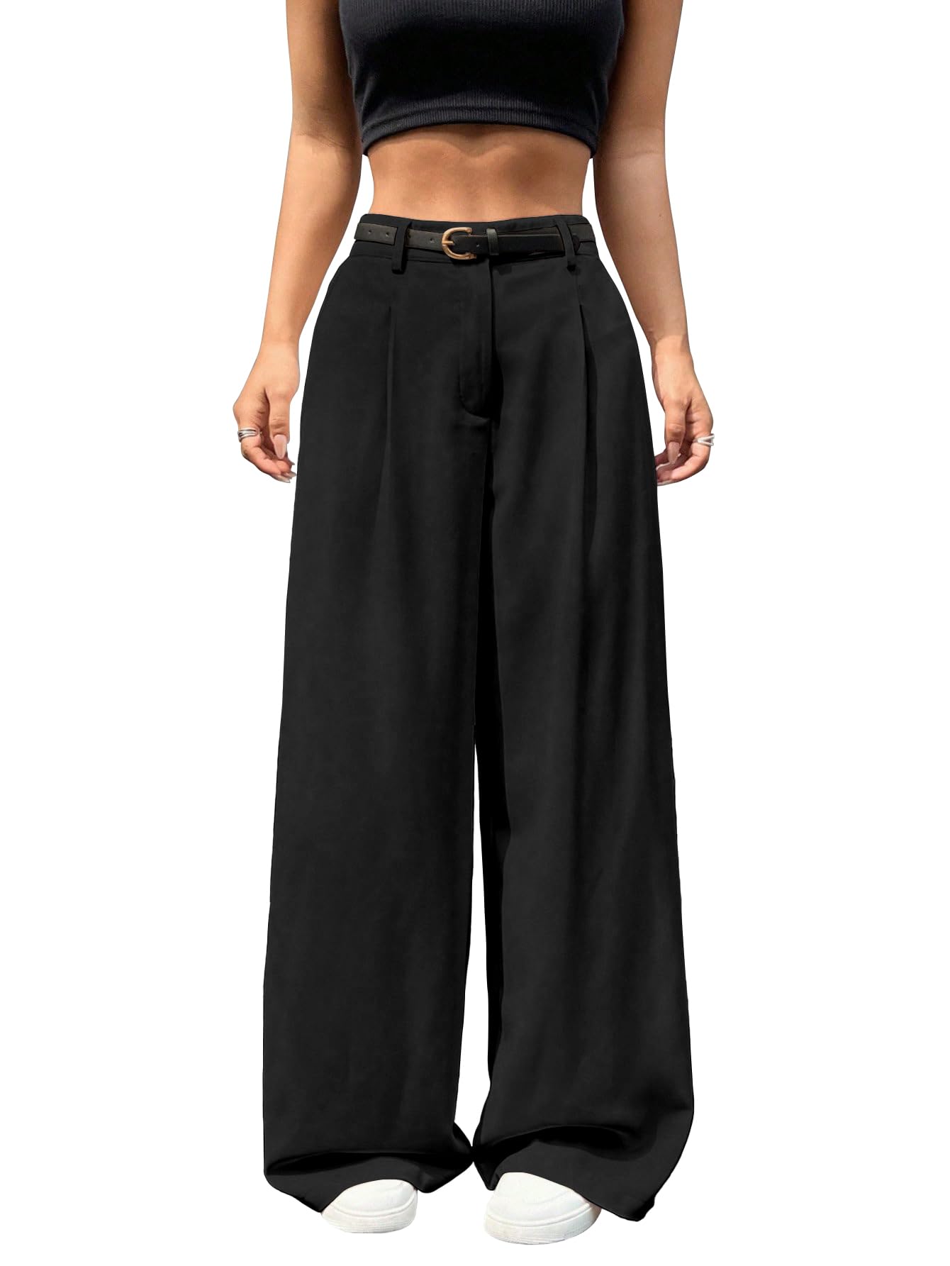 Shasmi Womens Black Pleated High Waist Wide Leg Pants  Elegant Loose Fit Black Trousers with Pockets, Casual & Office Wear Strai