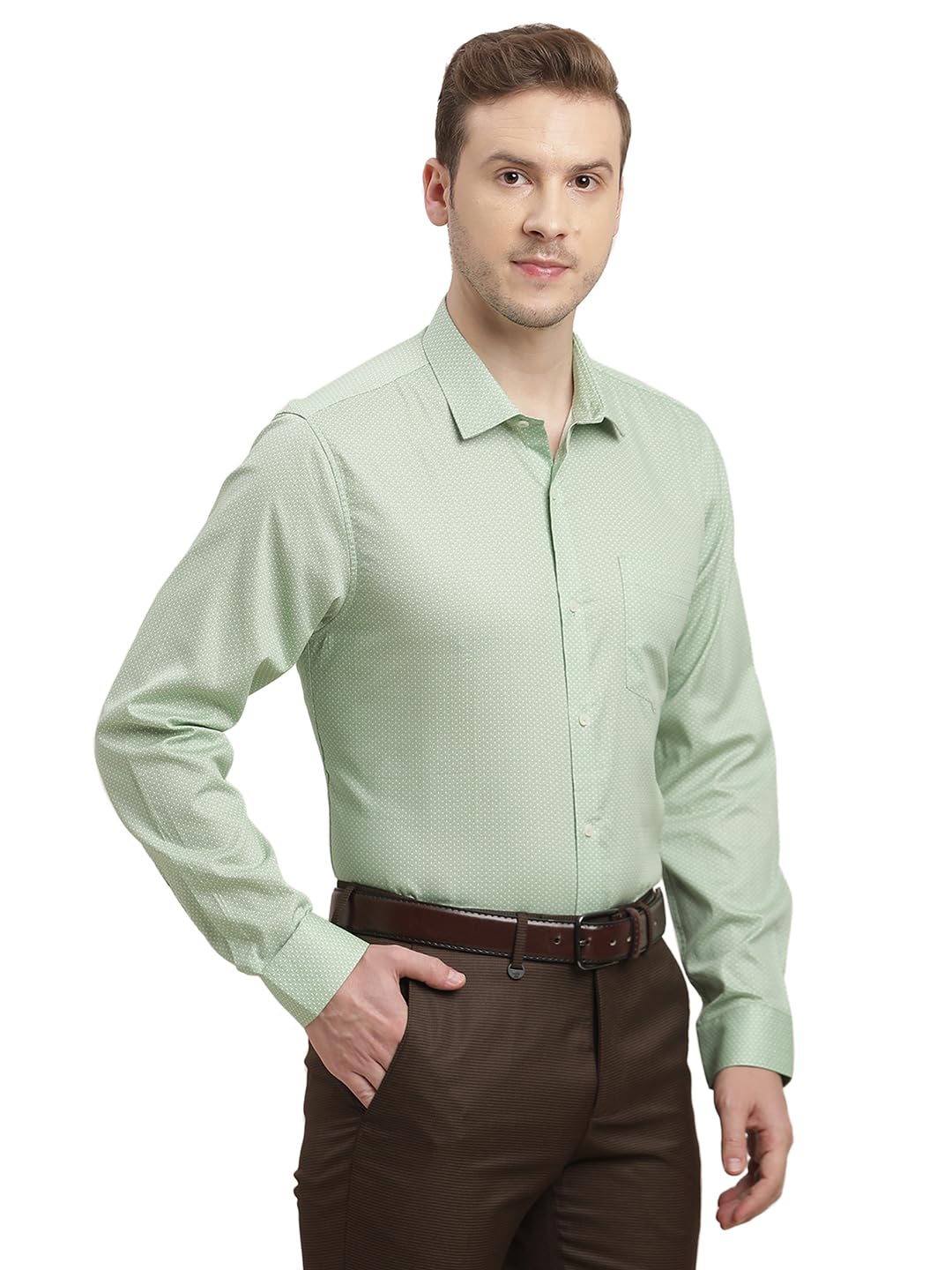 Turtle Men 100% Cotton Regular Fit Light Green Printed Full Sleeve Formal Shirt