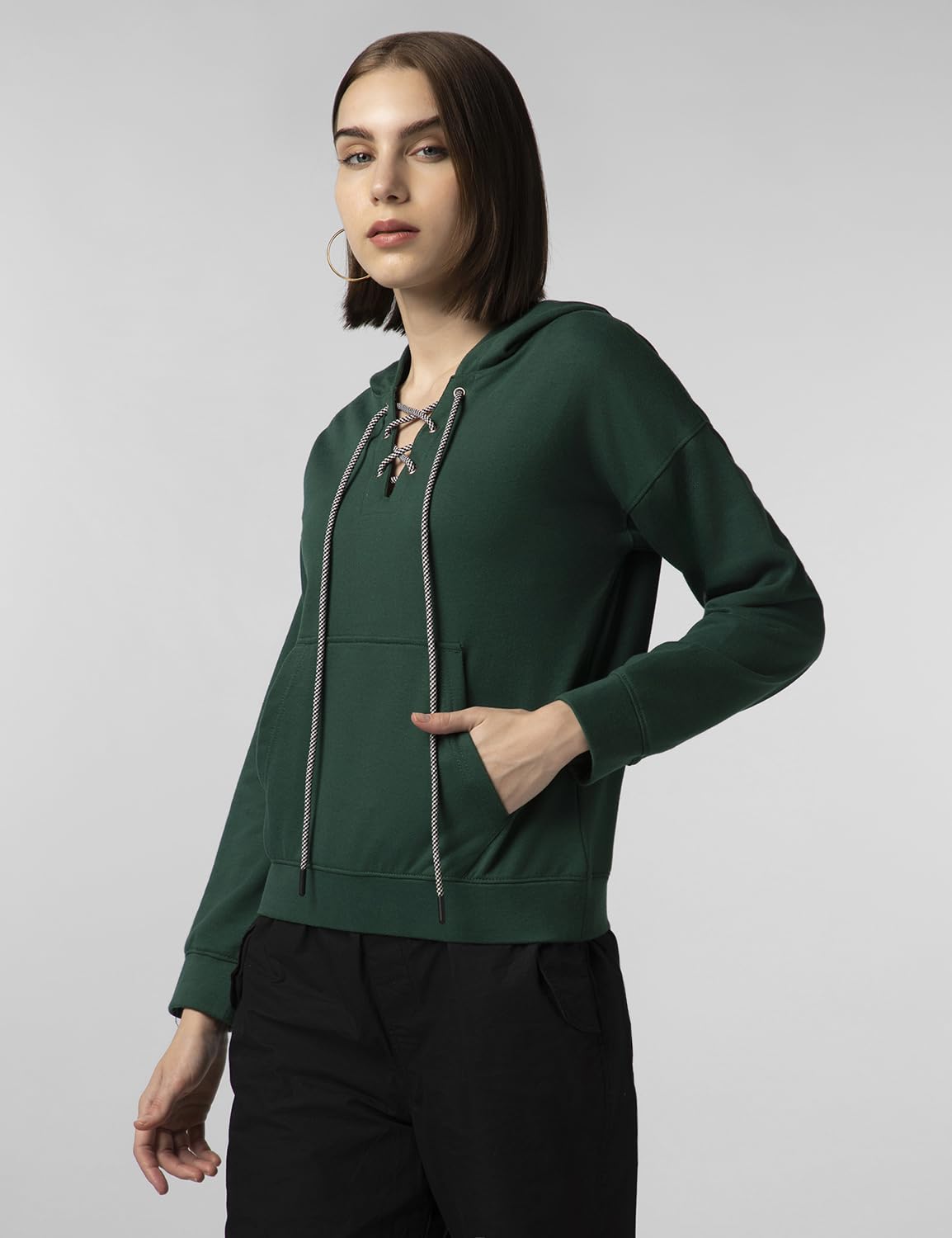 FYLTR Womens Drop Shoulder Hoodie with Lace Up Neck Detailing & Contrast Drawcord