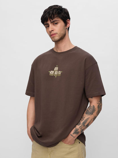 The Souled Store Built to Play Men and Boys Short Sleeves Round Neck Brown Graphic Printed Cotton Oversized T-Shirts
