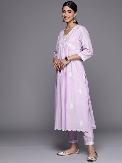 Varanga Women Lavender Embroidered A-Line Empire Kurta Paired With Tonal Bottom And Tonal Embroidered Dupatta