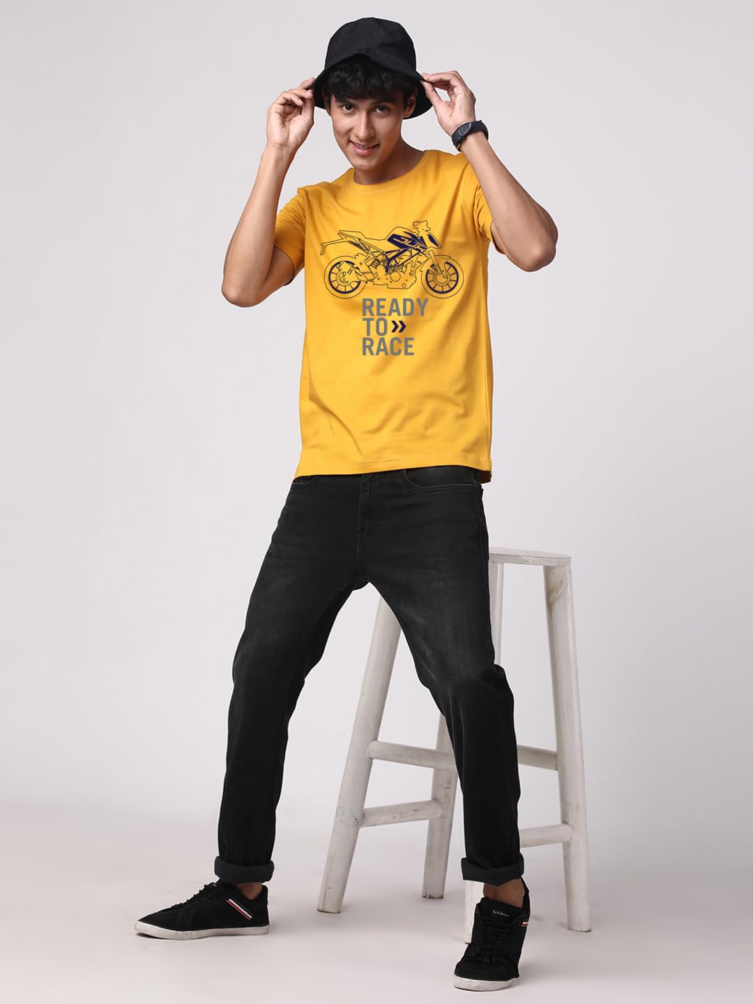 ADRO Men's Biker Design Printed 100% Cotton T-Shirt - Regular Fit, Printed T-Shirts for Men (RN24-KTM-MU_Mustard)
