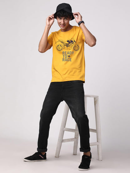 ADRO Men's Biker Design Printed 100% Cotton T-Shirt - Regular Fit, Printed T-Shirts for Men (RN24-KTM-MU_Mustard)