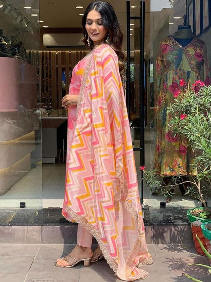 Smowkly Cotton Silk Blend || Dupatta Set || Kurta Pant Set || Printed Dupatta Set || Ethnic Set For Women