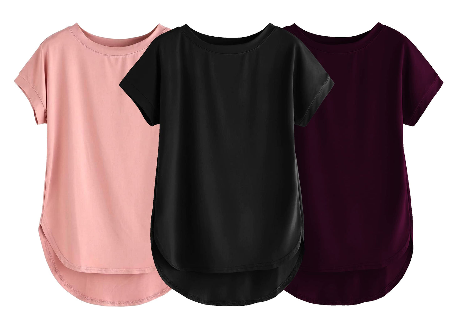 Fabricorn Combo Of Three Plain Black, Dusty Rose And Wine Round Neck Up And Down Cotton Tshirt For Women (Black, Dusty Rose, Win