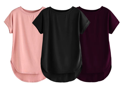 Fabricorn Combo Of Three Plain Black, Dusty Rose And Wine Round Neck Up And Down Cotton Tshirt For Women (Black, Dusty Rose, Win