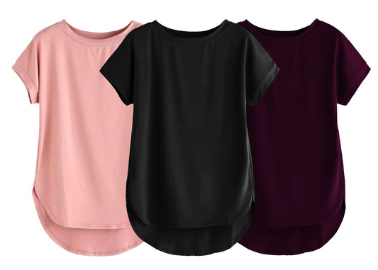 Fabricorn Combo Of Three Plain Black, Dusty Rose And Wine Round Neck Up And Down Cotton Tshirt For Women (Black, Dusty Rose, Win