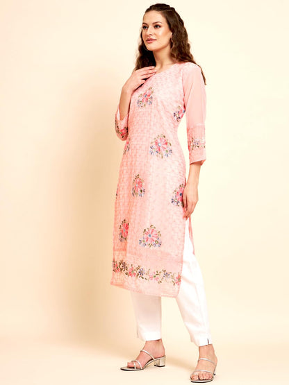 Vairagee WomenS Georgette Straight Cut Round Neck Kurta With Beautiful Floral Embroidery Thread Work (1577) Pink
