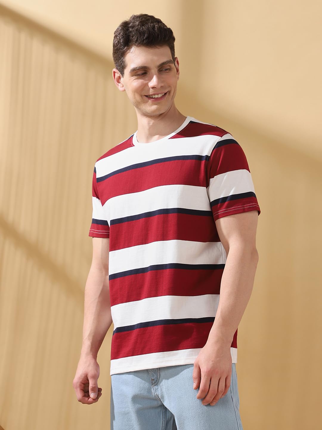 Dennis Lingo Men Cabernet Stripes Round Neck Half Sleeves Regular Fit T-Shirts