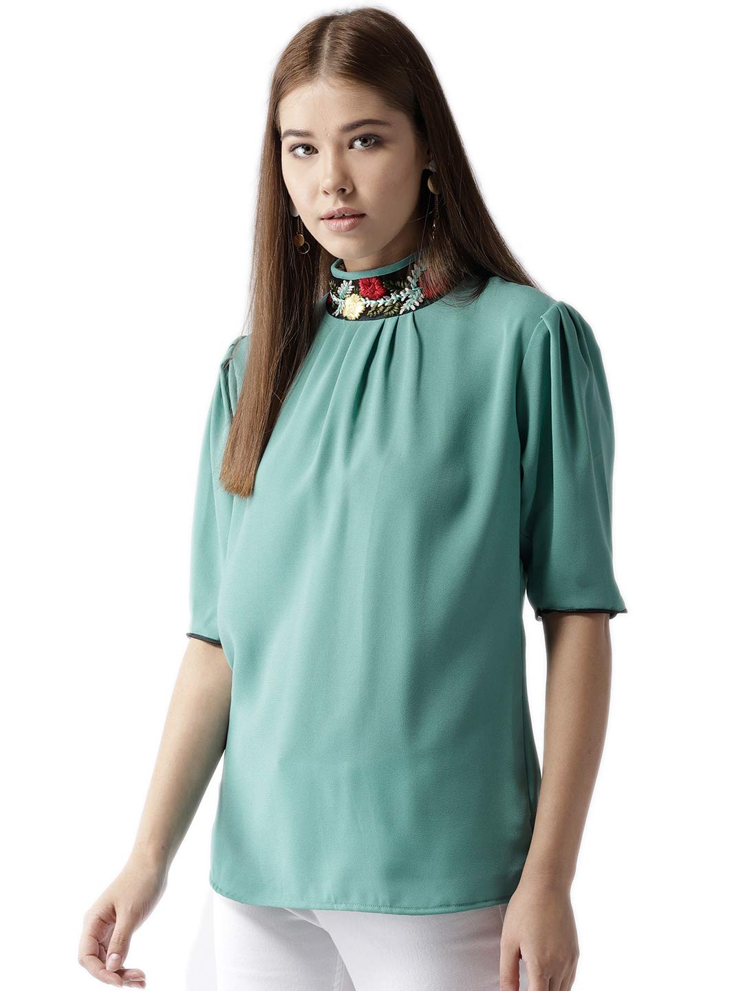 Style Quotient Women Solid Aqua Green Polymoss Embroidered Smart Casual top