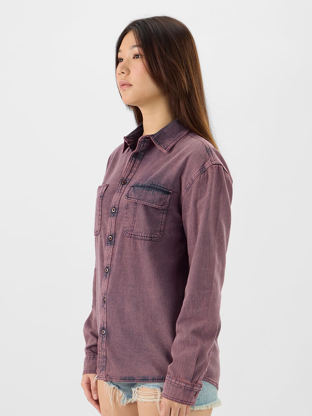 The Souled Store Classic Denim Shirt: Berry Blush Women and Girls Collared Neck Long Sleeves Button Front Cotton Blend Boyfriend