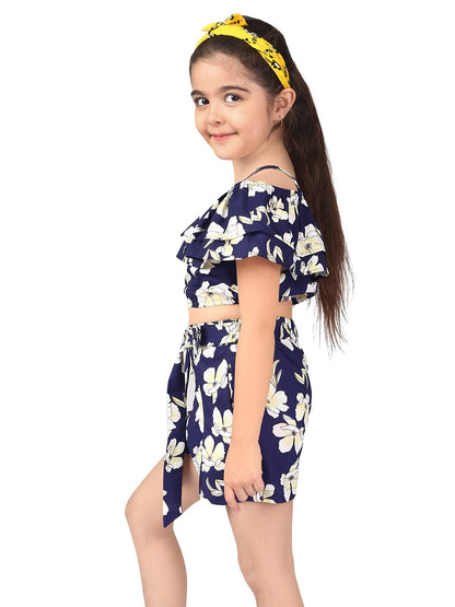 Naughty Ninos Girls Navy Floral Printed Polyester Top With Palazzos(Nn00887Drs)