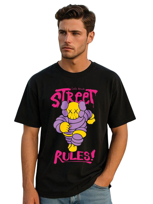 Veirdo Mens Cotton Round Neck Oversized Baggy Fit Front Street Rules Graphic Printed Short Sleeve T-Shirt For
