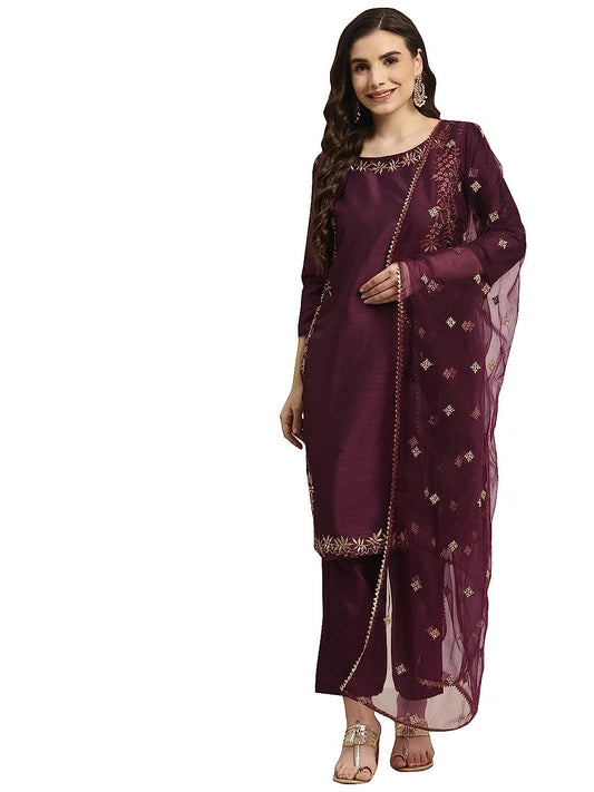 Womanista Poly Silk Women Thread Work Kurta Trouser With Dupatta Set
