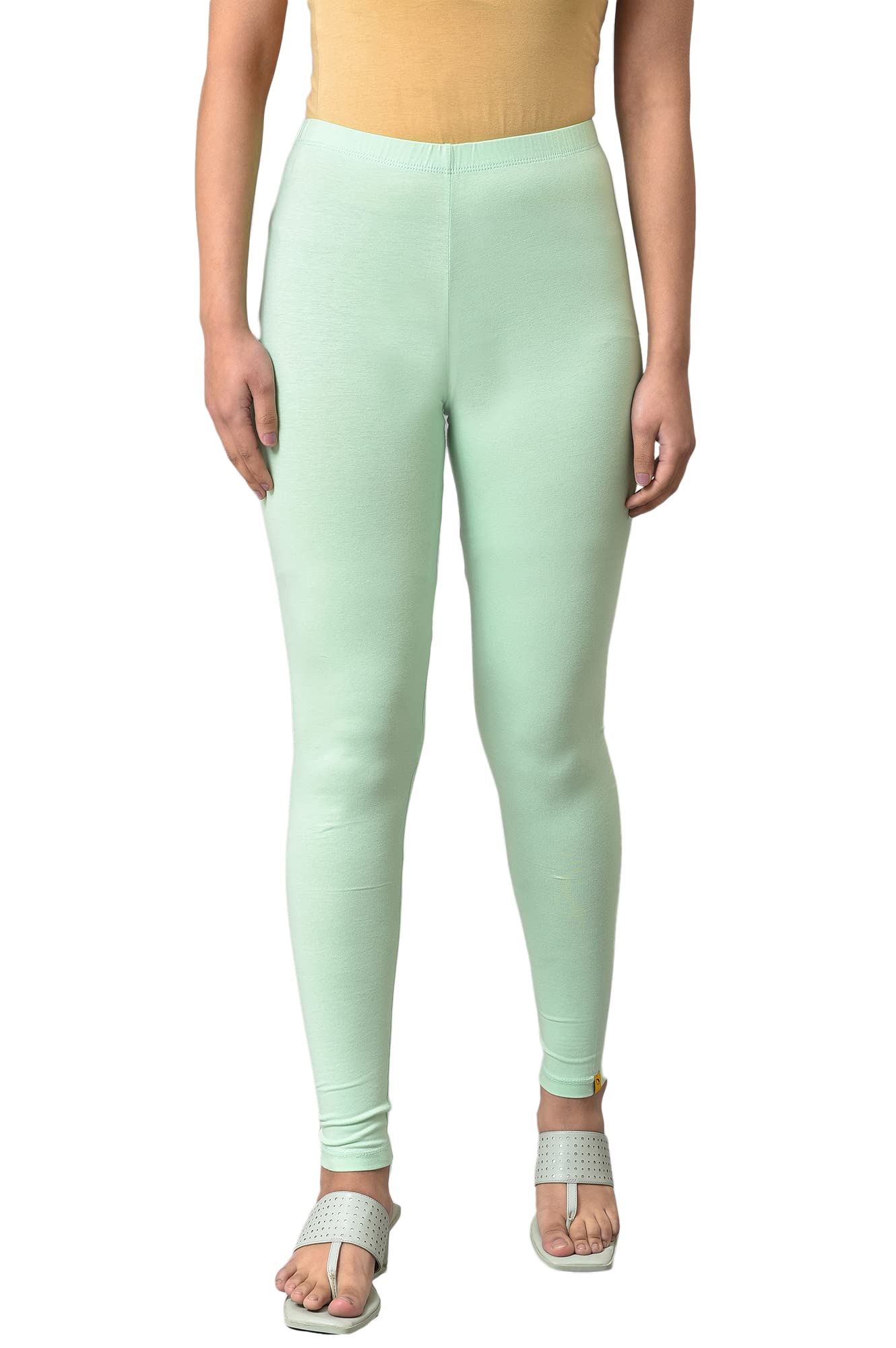 Aurelia Womens Green Solid Cotton Blend Leggings
