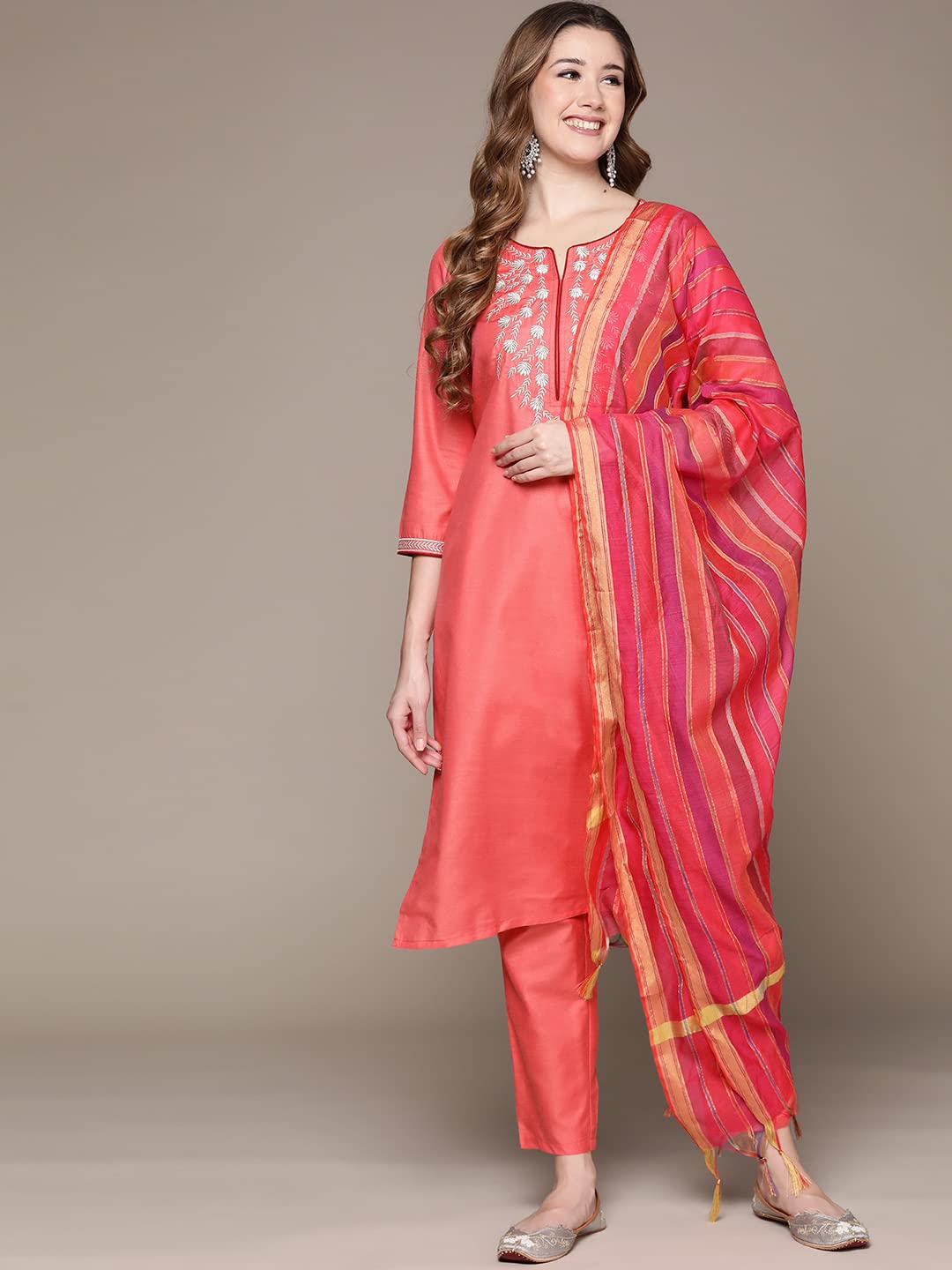 anubhutee Women's Pink Zari Embroidered Straight Kurta With Pants and Dupatta