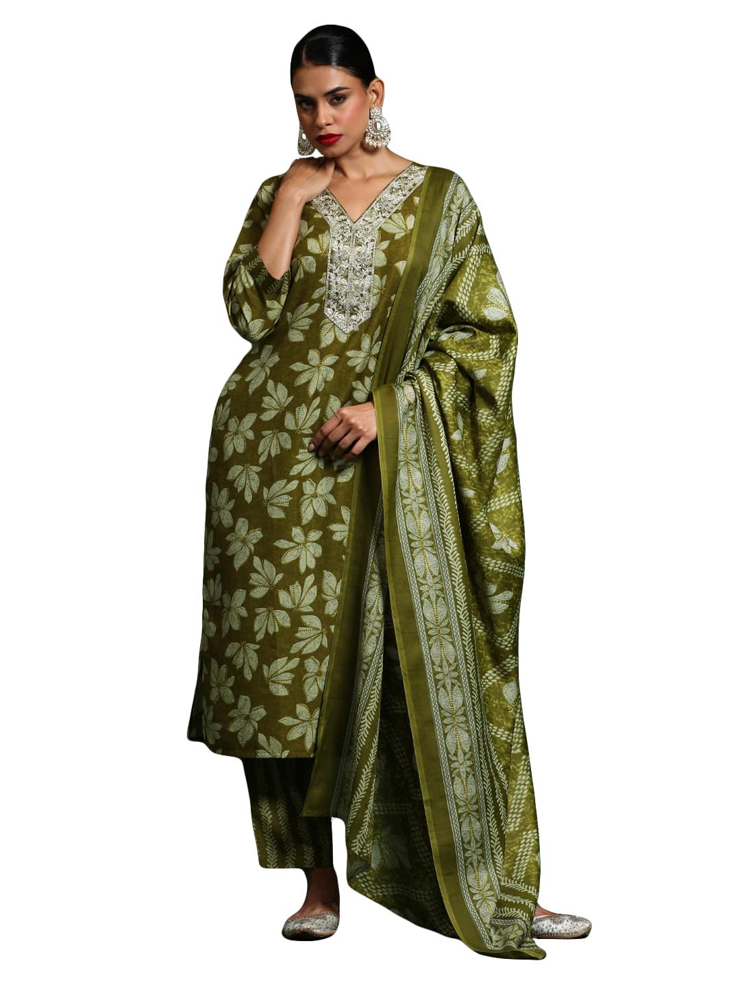 Varanga Women Floral Printed V Neck Kurta With Trouser & Dupatta