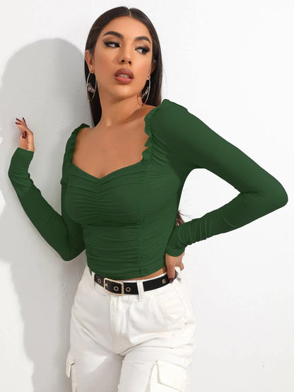 Shasmi Womens & Girls Bottle Green Full Sleeve, Sweat Hear Neck, Frill Trim Ruched Crop Top for Women, Tops, T-Shirts for Girl