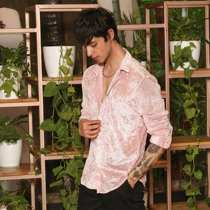Campus Sutra Mens Blush Pink Solid Velvet Shirt for Casual Wear | Spread Collar | Long Sleeve | Button Closure | Shirt Crafted